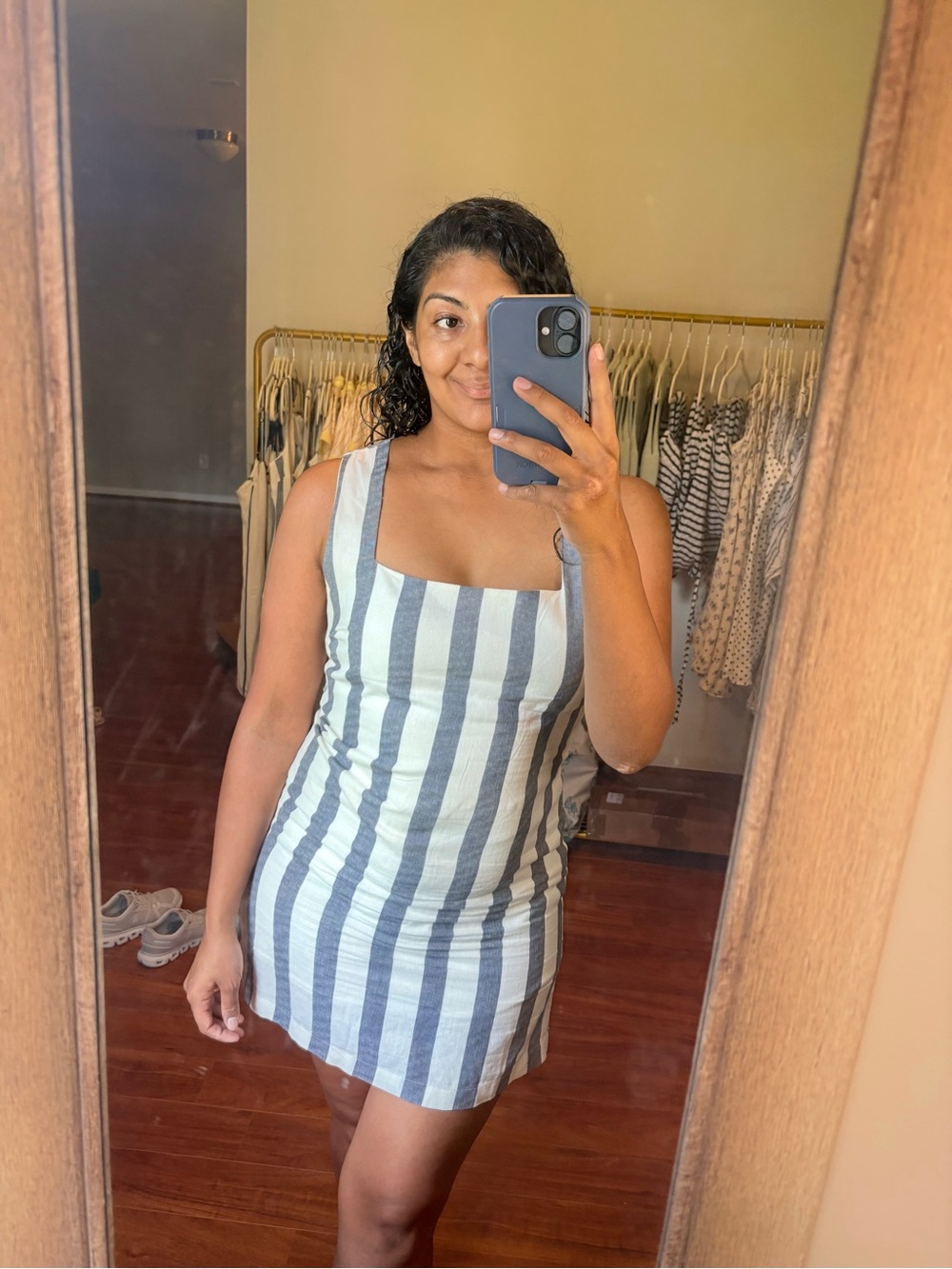 Striped Square-Neck Mini Dress in Blue and White